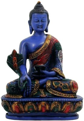 #ad Medicine Buddha. Handmade 5.5 Inches Tall Multicolor Blue Hand Painted Buddha $32.99