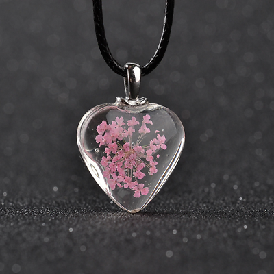 #ad Heart Shaped Glass Dried Flowers Colorful Specimen Acrylic Pendant For Women $12.99