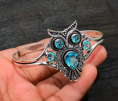 #ad Blue Topaz Gemstone Handmade 925 sterling Silver Jewelry Owl Cuff Bracelet 7 8quot; $20.79