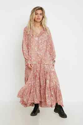 #ad FREE PEOPLE Red Floral Print Bohemian Feeling Groovy Ruffle Maxi Dress SMALL 4 6 $159.00