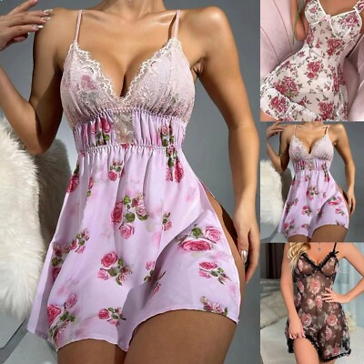 #ad Sexy Lingeries Women Floral Sheer Mesh Nightdress Babydoll Sleepwear Robe PJS $14.68