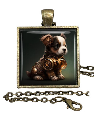 #ad Steampunk Puppy Dog Nouveau Art Glass Top Pendant Necklace Handcrafted Jewelry $15.95