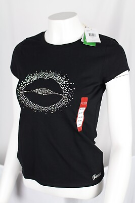 #ad Guess Jeans Women#x27;s Organic Eco Lucia SS Tee Rhinestone Graphic Lips Black $22.09