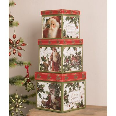 #ad Bethany Lowe Christmas 3pc Holly Stacking Boxes Santa $96.99