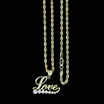 #ad Real 10K Yellow Gold Diamond Cut LOVE Script Heart Pendant amp; 2.5mm Rope Chain $209.99