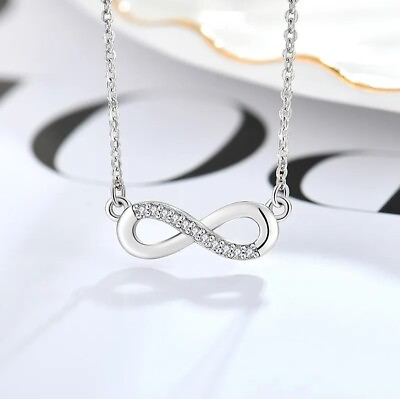 #ad Infinity Charm Pendant Forever Figure 8 Symbol Silver Crystal Necklace Everyday $12.99