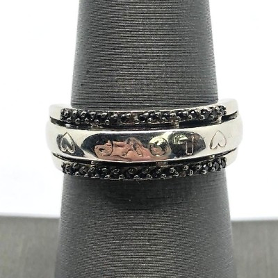 #ad Sterling Silver 925 Pave Black Onyx Heart Love Etched Triple Split Cocktail Ring $27.60