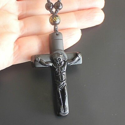 #ad Natural black obsidian cross crystal necklace Amulet pendant bead with chain $9.59