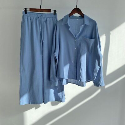 #ad Trousers Shirt 2 Piece Set Women Summer Linen Long Sleeve Shirt Suit Women Suit $41.11
