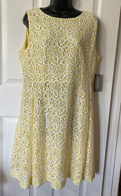 #ad Eva Mendes Dress Women 16 Yellow White Lace Sleeveless Knee Length Back Zip NWT $29.98