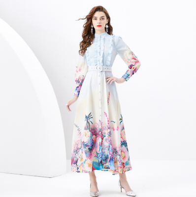 #ad Women#x27;s Fashion Elegant Flower Printing Round Neck Pleated Belted Slim Fit Dress $94.37