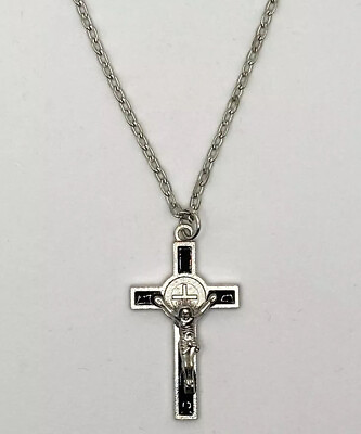 #ad #ad St. Benedict Black and Silver Crucifix Pendant 1 1 2quot; Cross 18quot; Chain $7.90