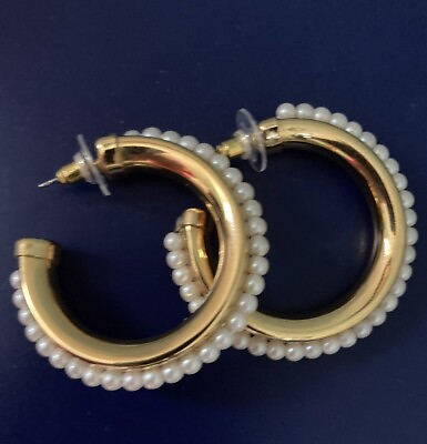 #ad Big Open Hoop Earrings Pierced Stud 1.5” Diameter Polished Gold Tone White Pearl $10.00