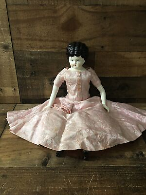#ad Antique Flat top China Porcelain Head Arms Legs Doll In Dress 18.5” $89.25