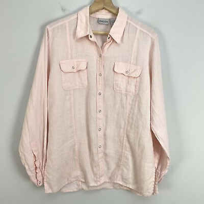#ad Chicos 1 Womens Light Pink 100% Linen Snap Up Shirt Size M Long Sleeve Top $22.20