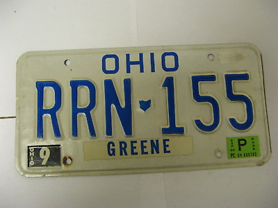 #ad 2009 09 Ohio OH License Plate Greene County RRN 155 Natural Sticker $7.40