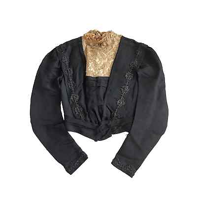 #ad Vintage Edwardian Pigeon Front Blouse Black Silk Long Sleeve Lace amp; Jet Trim $76.95