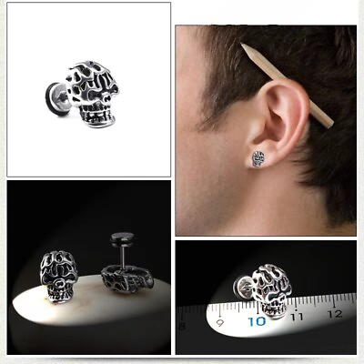 #ad Mens Unisex Stainless Steel Skull Skeleton Stud Earrings Punk Gothic Jewelry $9.99
