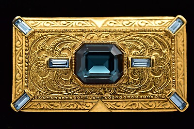 #ad 1928 Vintage Crystal Pin Brooch Blue Baguette Antiqued Gold Heavy 1980s BinJ $39.95