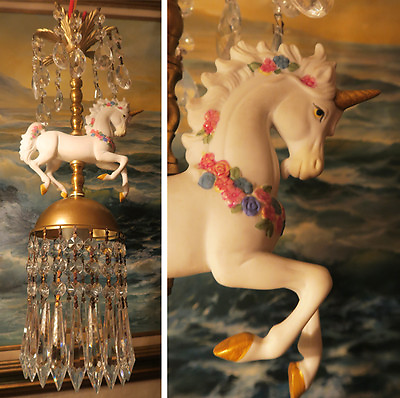 #ad 1 White porcelain Carousel Unicorn Carousel Lamp SWAG Chandelier Vintage Horse $299.00