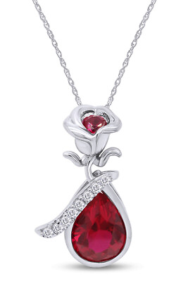 #ad Rose Teardrop Pendant Necklace 18quot; Simulated Ruby 14K White Gold Plated Silver $135.57