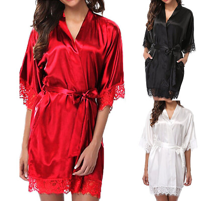 #ad Women Sexy Satin Silk Nightdress Ladies Lace Lingerie Nightie Wrap Dress Robe US $13.49