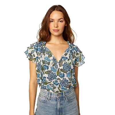 #ad MISA Womens Maria Floral Flutter Sleeve Keyhole Neck Blouse in Flora Azulia L $199.00