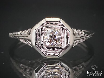 #ad Antique 18k White Gold European Cut .10ct Diamond Filigree Ring 1.6g i12136 $279.30