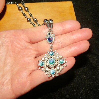 #ad Kirk#x27;s Kirks Folly Blue Aurora Borealis Silver Grey Pearls Geomatric Necklace $28.99