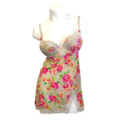 #ad Victoria#x27;s Secret Floral Lace Built in Bra Slip Babydoll Teddy Slip Lingerie 36B $26.25