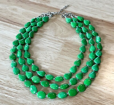 #ad Necklace Green Smooth Glass Beads Twisted Multistrand Layered *NEW* ELEGANT $12.00