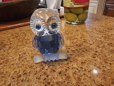 #ad Vintage Blue and Clear Crystal Owl on Perch Figurine 3quot; $28.00