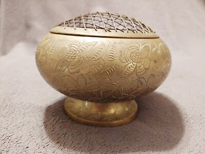 #ad VTG ANTIQUE BRASS INDIAN ROSE FLORAL BOWL W WIRE FROG FLORAL ETCHED 7quot; X 5.5quot; $17.99