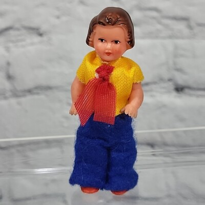 #ad Vintage Ari Germany Dollhouse Figure Boy Doll Rubber Child Dressed Rare HTF $19.99