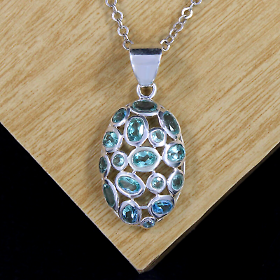 #ad Blue Topaz Cluster Pendant 925 Sterling Silver Best Women Gift Pendant Jewelry $84.15