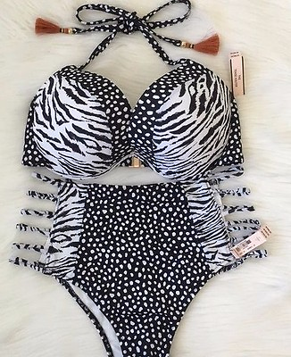 #ad Victoria Secret 34DD Tease top Zebra Strappy High Waist bikini Large Pebble NWT $69.99