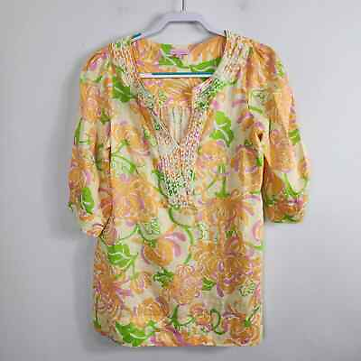 #ad Lilly Pulitzer Bead Embroidered 3 4 Sleeve V Neck Linen Tunic Floral Top SIZE XS $14.99