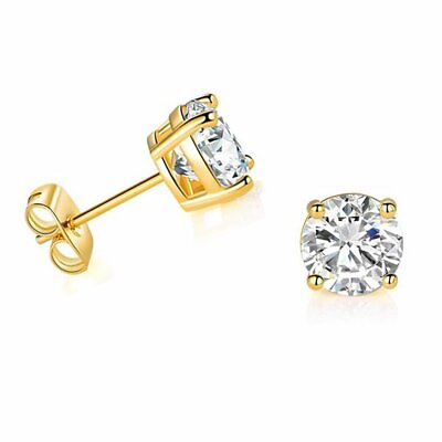 #ad Solid 14k Yellow Gold Solitaire Round Cubic Zirconia CZ Stud Earrings $33.95