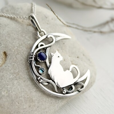 #ad Vintage Silvery Cat Moon Necklace Charm Pendant Necklace Boho Women Jewelry Gift C $3.43