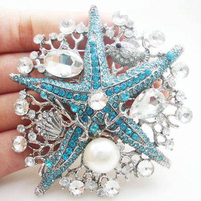 #ad Elegant Blue Starfish Pearl Pendant Brooch Pin Rhinestone Crystal Silver Tone $11.85