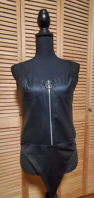 #ad Guess Black Faux Leather Zippered Body Suit Size L $15.00