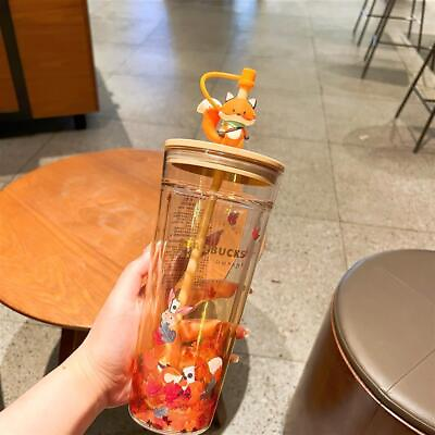 #ad Starbucks Autumn fox Cute Rabbit Maple Leaf Cup Tumbler Straw Double Glass Set $41.99