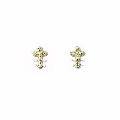 #ad 14k Solid Gold Small Jesus Crucifix Detailed Cross Screwed Back Stud Earrings $38.98