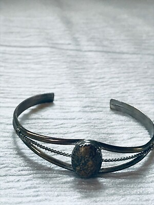 #ad Vintage Nonmagnetic Tapered Silver Cuff Bracelet w Mottled Brown amp; Black Oval St $21.99