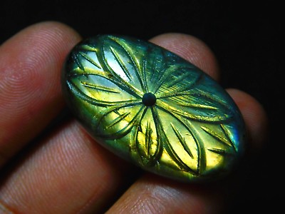 #ad 42 CTS FRONT TO BACK CENTER DRILLED FLASHY LABRADORITE CARVED OVAL CAB 38X20MM $10.75
