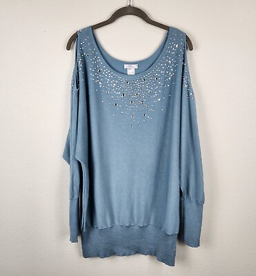 #ad Venus Womens Blue Cold Shoulder Embellished Sweater Rhinestone Size XL Night Out $22.95
