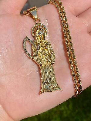 #ad Men#x27;s Women 14k Gold Iced Ice out Santa Muerte Charm Pendant Rope Necklace $39.99
