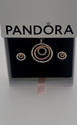 #ad Authentic Pandora Necklace Two tone Circles With Earrings Gift Set In Box $99.99