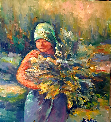 #ad Oil Painting Woman Flowers Crops Fields Still Life Figurative Original Donalee $395.00