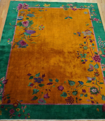 #ad Antique Art Deco Chinese Hand Knotted Wool Floral Gold Oriental Rug 9#x27; x 12#x27; $4640.00
